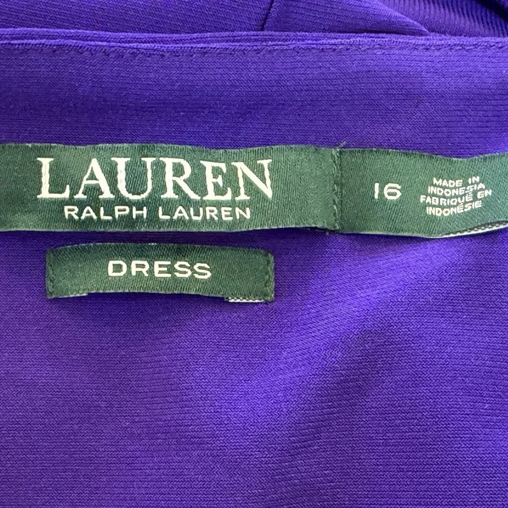 Lauren‎ Ralph Lauren Faux Wrap Dress Womens Sz 16 Purple V-Neck Cap Sleeve Lined